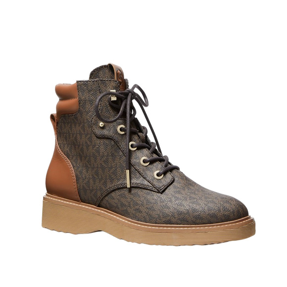 Michael Kors Trudy Leather & Logo Boot Lace Up Bootie Brown/Luggage Nib $275 - Picture 1 of 1